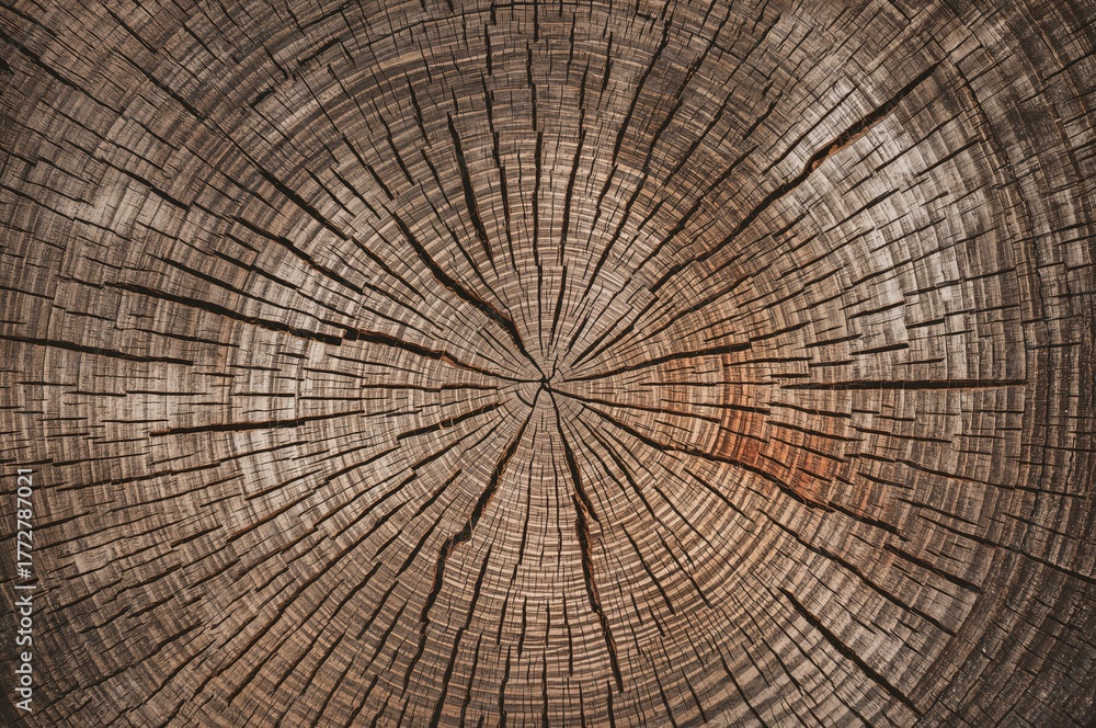 Fototapeta premium Close-up of a cut tree trunk showing detailed rings and cracks on a wooden surface
