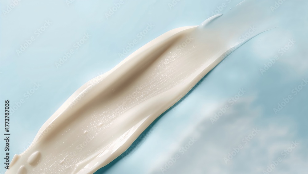 Fototapeta premium Cream texture smears on a blue surface, suitable for editorial design