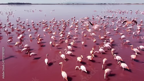 Flamingos Wading in Pink Lake at Sunrise Aerial View