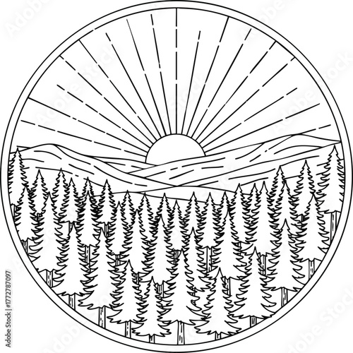 Minimalist black and white line art badge featuring a sunrise over rolling mountains and dense pine forest