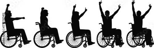 Wheelchair silhouette illustration, disabled person raising arms, inclusive mobility design, accessibility concept, adaptive exercise, disability empowerment, rehabilitation support,