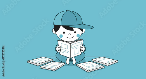 Cartoon boy reading newspapers with cap in a light blue background providing information