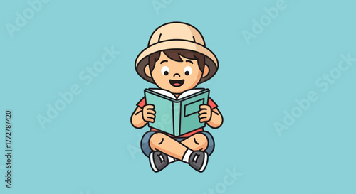 Cartoon illustration of a boy in a safari hat enthusiastically reading a book on a blue backdrop