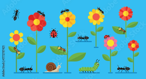 Whimsical garden scene featuring vibrant flowers and an array of delightful insects crawling