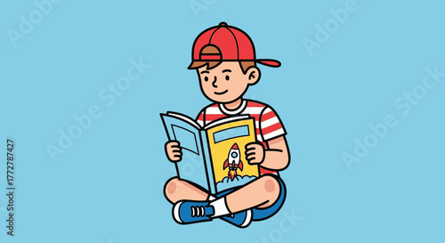 Cartoon illustration of a child engrossed in a book about space exploration sitting with crossed