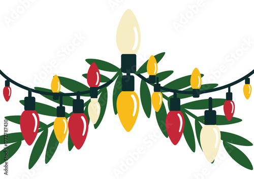 Christmas holiday scene inside cozy brick wall interior, decorated with festive lights