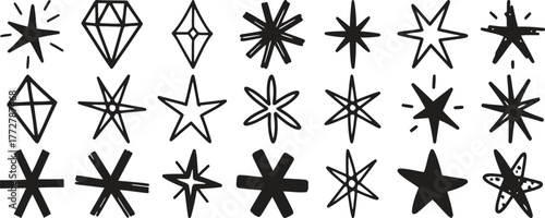 Collection of Hand Drawn Doodle Stars and Diamond Shapes Seamless Pattern