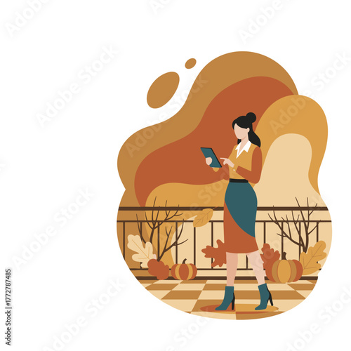 Woman using tablet on an autumn balcony with pumpkins and fall leaves Digital seasonal work concept