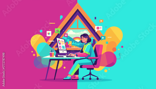 Digital creative working on PC in vibrant home office with abstract graphic elements