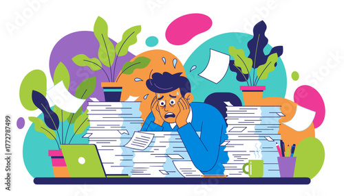 Stressed office worker buried in paperwork Workload deadline pressure burnout concept