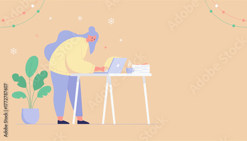 Stressed remote worker busy on laptop during the festive winter season dealing with deadlines