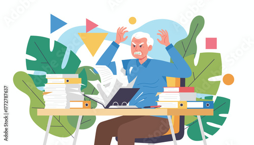 Furious senior man buried in paperwork Business stress frustration and overwork illustration