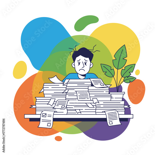 Overwhelmed person dealing with huge piles of work and deadlines Stress concept