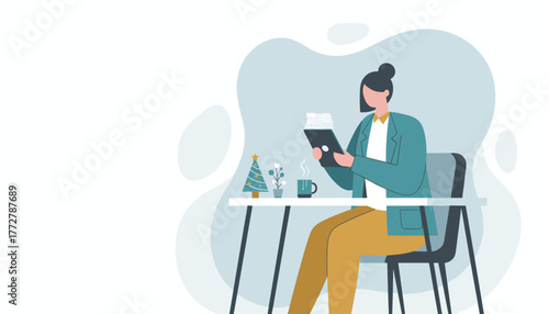 Professional woman using a tablet at a desk with Christmas decor Remote work illustration