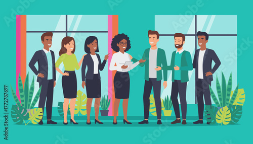 Diverse professional team collaborating in a modern office symbolizing teamwork and business success