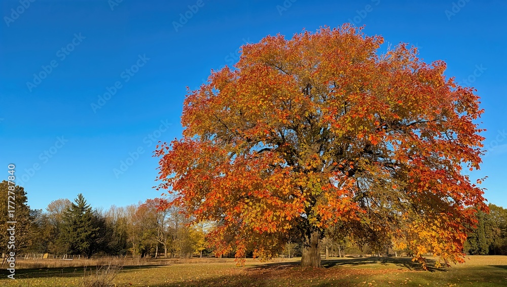 Naklejka premium Autumn leaves contrasting with a clear blue sky, seasonal change