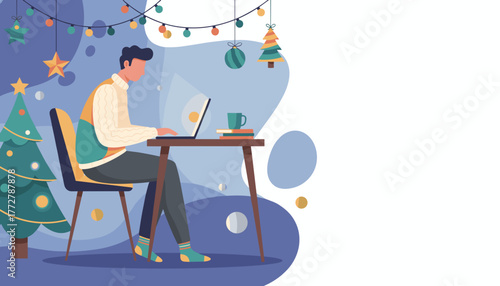 Man working from home during Christmas using laptop with festive decorations and copy space
