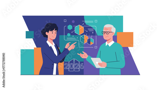 Businesswoman and senior man analyze future data strategy for 2026 planning