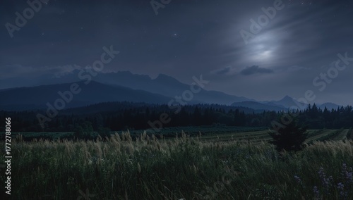 Nighttime view of misty mou...