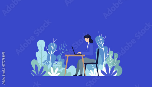 Digital worker sits at desk with laptop in a stylized blue garden Remote job concept