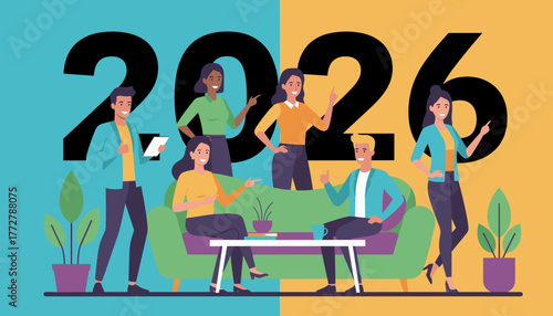 Happy diverse business team planning future goals for the successful year 2026