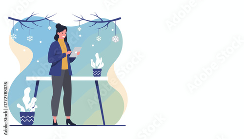 Smiling professional woman uses digital tablet in a winterthemed modern workplace illustration