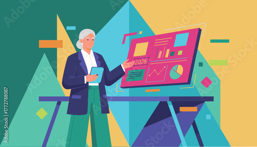 Experienced businesswoman presenting 2026 data analysis and strategic plan illustration