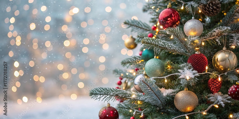 Fototapeta premium Christmas tree with glowing lights and baubles Merry Christmas and Happy New Year greeting card background .