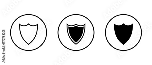 Protection shield icon set in circular outline. Security and defense symbol. Safety, armor, and secure protection sign