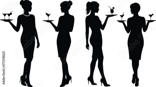 Elegant women silhouettes serving cocktails, hospitality waitress figures, stylish hostess models with drinks, black fashion outline, 