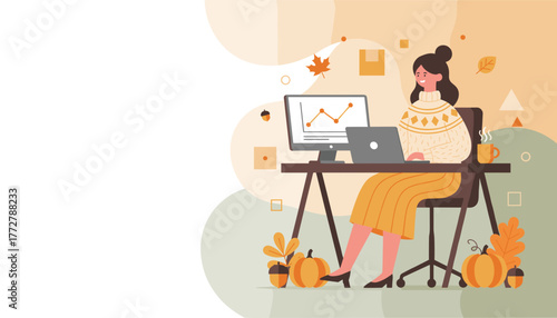 Fall business illustration Woman working on laptop with pumpkins and warm coffee
