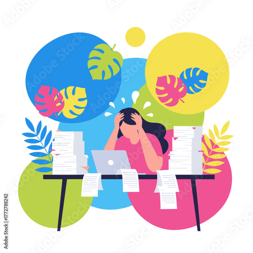 Overworked employee stressed by excessive paperwork and deadlines Flat vector illustration