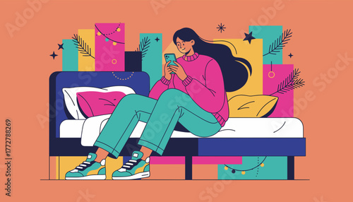 Young woman relaxing on bed chatting on smartphone Colorful vector illustration