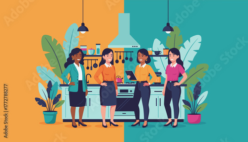 Diverse team of professional women collaborating in a modern vibrant kitchen setting Female empowerment