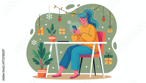 Young woman using smartphone at festive desk enjoying winter holidays and digital communication