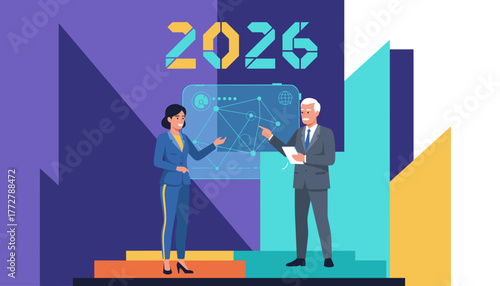 Business team planning 2026 strategy using holographic technology and data visualization