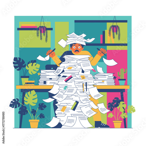 Stressed businessman trapped under mountains of office documents and heavy workload