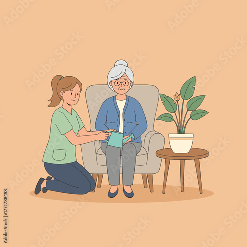 Professional caregiver assisting senior woman with gardening hobby at home Healthcare and support concept