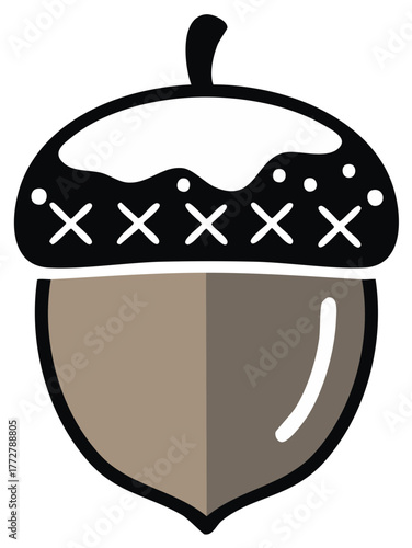 Stylized acorn with decorative cap in a simple graphic illustration style