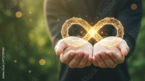 The hands holding a glowing infinity symbol showing sustainability, circular economy, and renewal, sustainable & green manufacturing concept