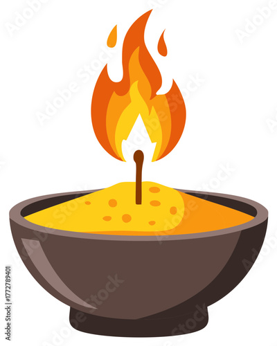 Burning matchstick ignites yellow substance in dark bowl with bright orange flames