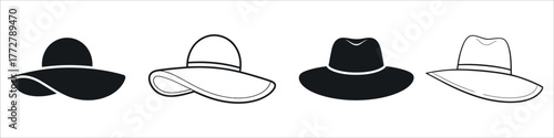 Chic Women's Hat Icon Set Vector. Features a collection of elegant silhouette and outline hats, including wide-brimmed and fedora styles. Perfect graphic for Fashion, Summer Style, Accessories.