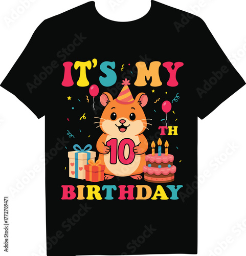 A hamster celebrating its 10th birthday with gifts, cake, and balloons on a black tshirt, perfect for a birthday party