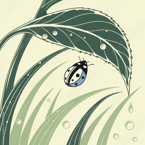 Ladybug hiding from the rain under a leaf illustration design