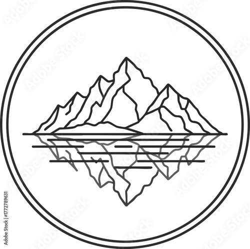 Modern line art illustration of an iceberg or mountain and its reflection in water, enclosed in a circle