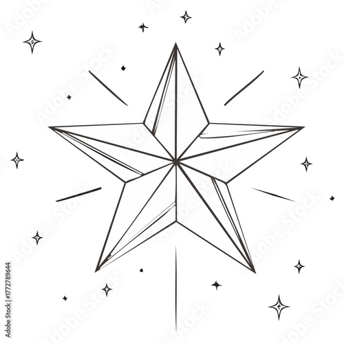 Detailed geometric five-pointed star outline with radiant sparkles and glowing lines, elegant celestial drawing