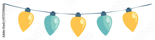 Festive string lights with yellow and teal bulb shapes.  Holiday or party decoration element in flat design.