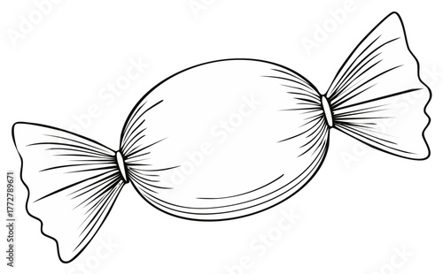 Black and white outline illustration of a single wrapped candy sweet confection or dessert treat