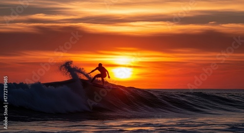 Silhouette Surfer Riding Wave At Sunset 