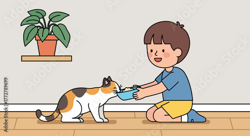 A kind young boy kneels on the floor feeding his calico cat from a bowl in a cozy room.